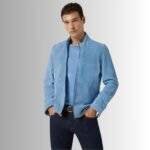 men's blue suede bomber jacket