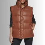 Genuine leather brown puffer jacket