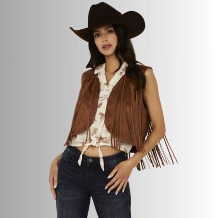 brown suede leather fringe vest with classic western design